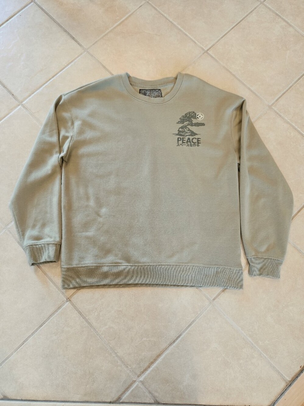 Brooklyn Cloth Men Gorpcore Sage Green Peace Graphic Relaxed Crewneck Sweatshirt